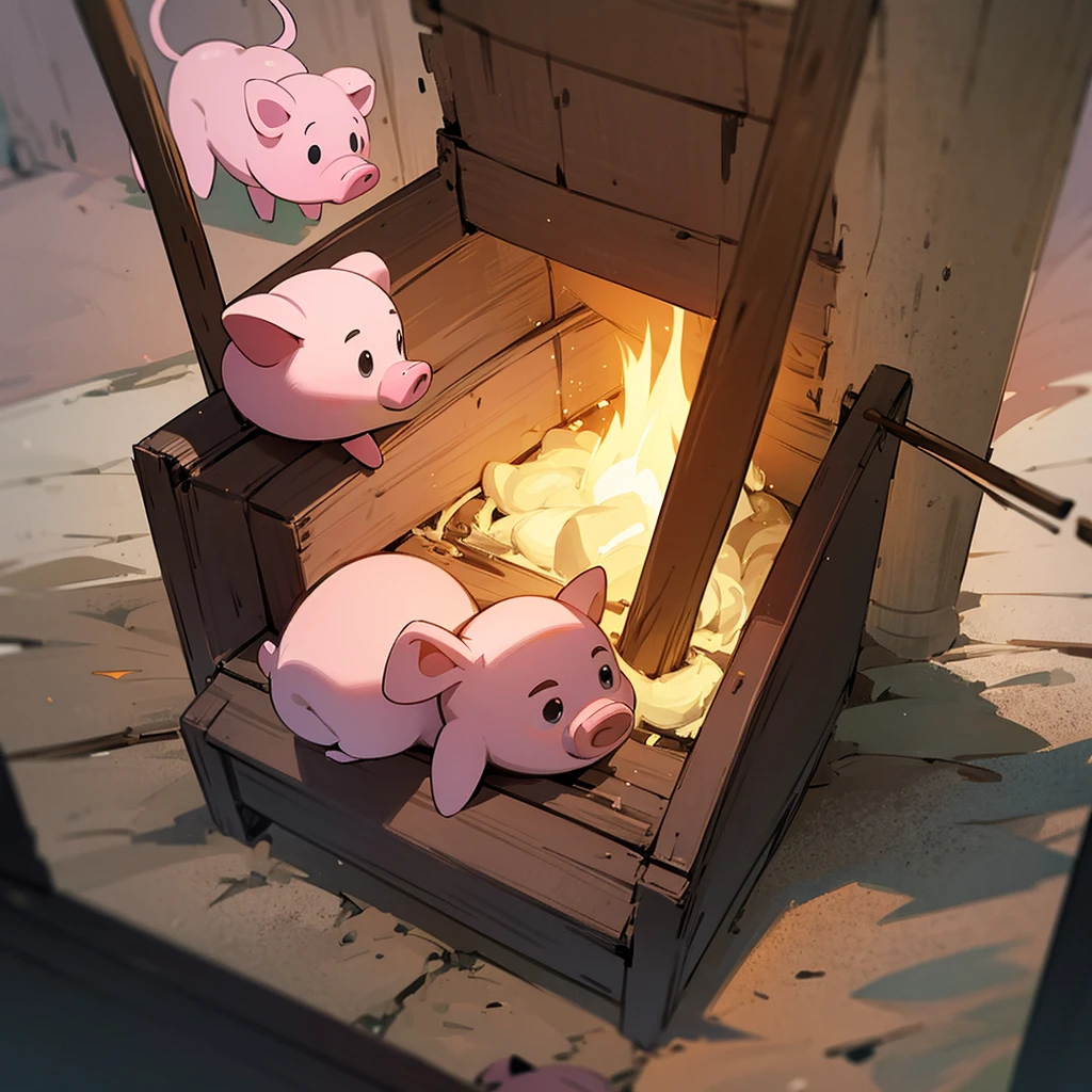 The pink piglet is sitting next to a three-wood fire and roasting shit with a stick