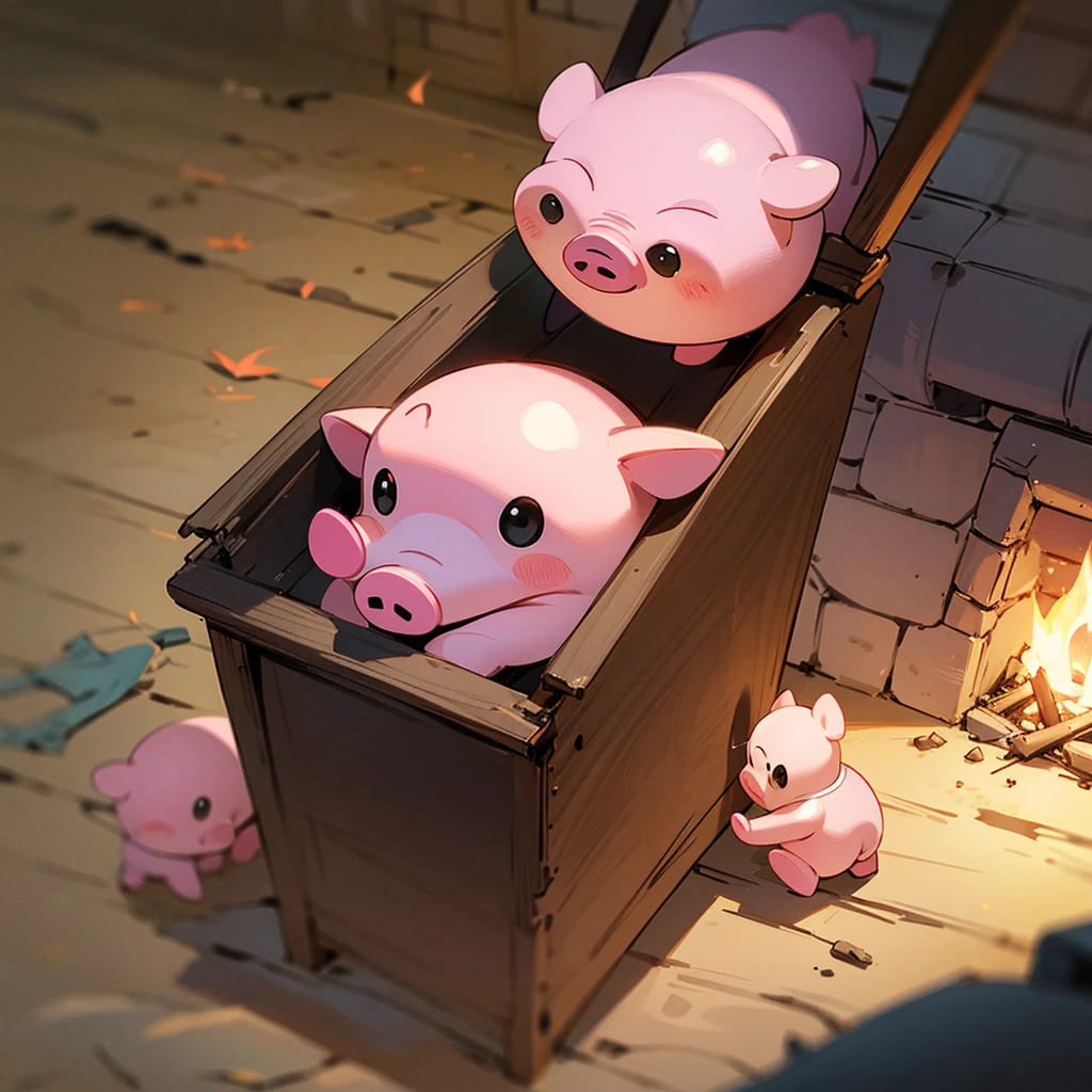 The pink piglet is sitting next to a three-wood fire and roasting shit with a stick