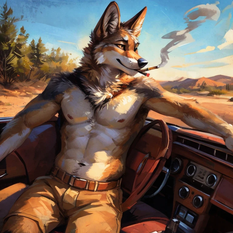 Solo, Coyote, driving a classic car, On Route 66, smoking, drinking beer, Shirtless,By mystikfox61 By kenket