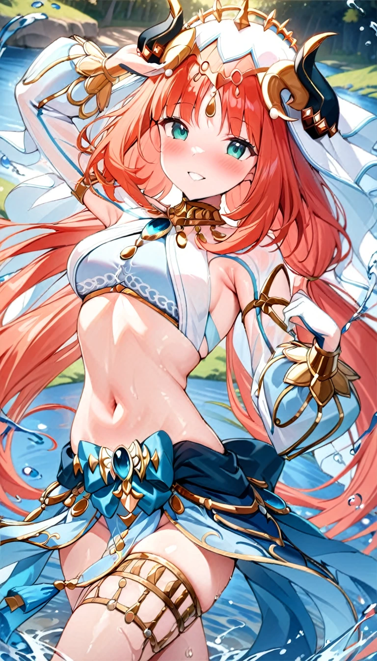 (((best quality)), ((masterpiece)), (details), masterpiece, best quality, high quality, ulutra detailed, perfect face,Shiny Hair、Glowing Skin、blush、nilou、whole body、Dancer、lake、Splash、dance、smile、nilou,1girl,独奏,horns,Veil,navel,