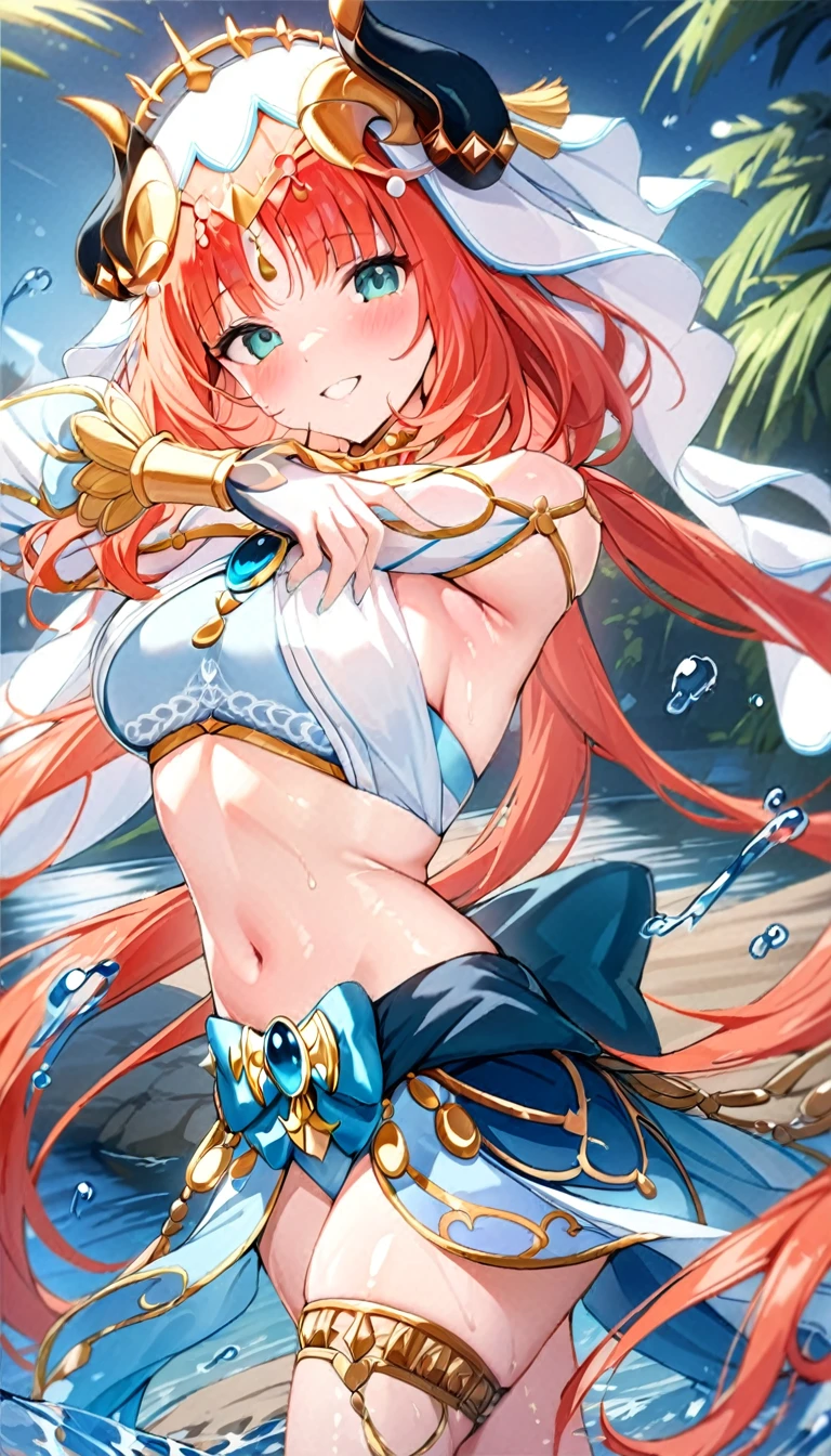 (((best quality)), ((masterpiece)), (details), masterpiece, best quality, high quality, ulutra detailed, perfect face,Shiny Hair、Glowing Skin、blush、nilou、whole body、Dancer、lake、Splash、dance、smile、nilou,1girl,独奏,horns,Veil,navel,