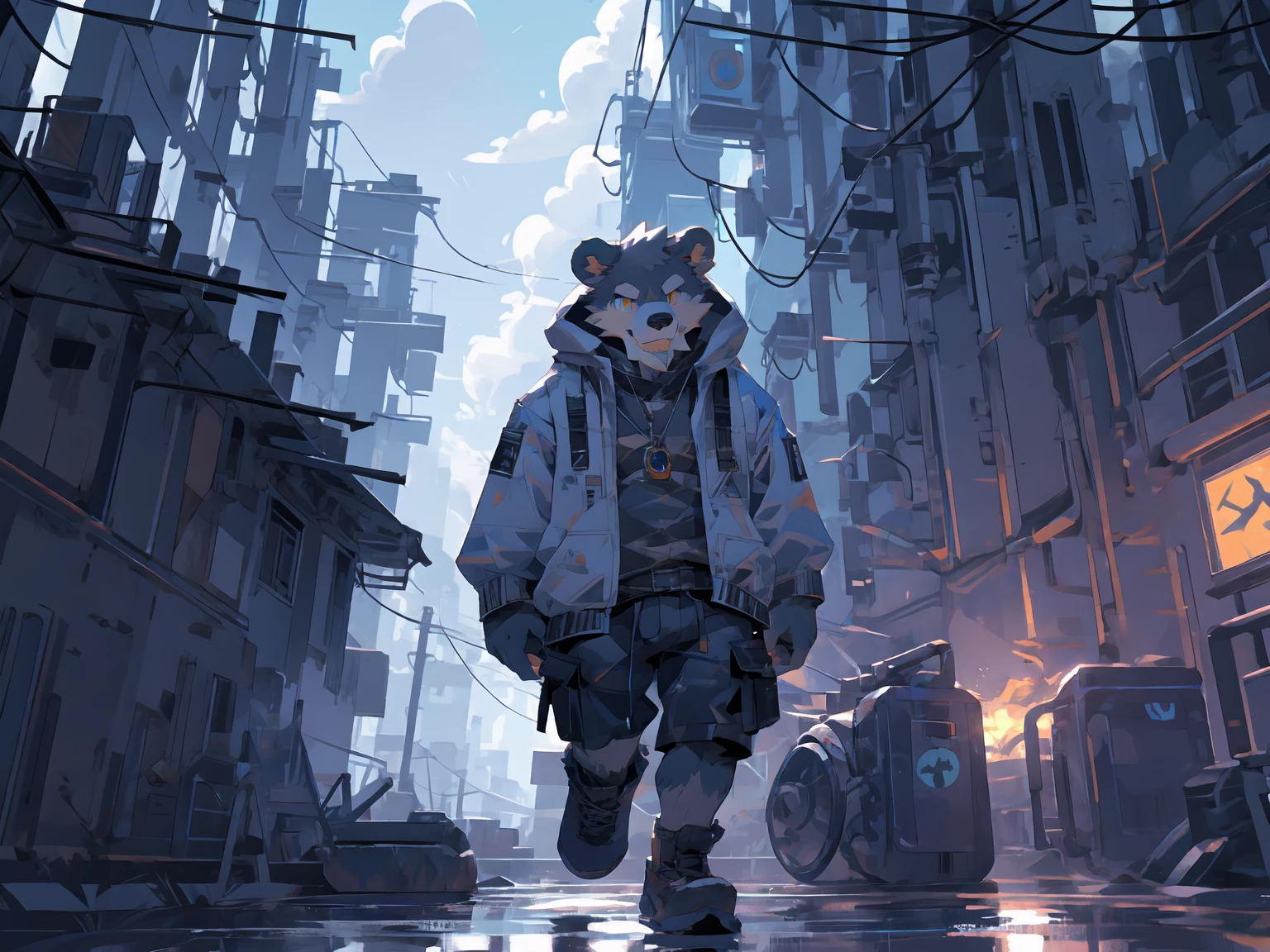 (masterpiece:1.2), best quality,pixiv,official art,perfect anatomy, (Ray tracing, light),solo, extreme detail, (1_male:1.3) , (muscle), (grey fur:1.4), (muscle bear), (beard:1.2), (gleaming golden eyes), bear tail, Thick black eyebrows, baseball cap, (open short hoodie), (naked inside),cargo shorts, black short boots ,storm, (rain:!.3) , wind ,cyberpunk ,neon,(windy), strong wind, strong breeze, white sundress, flying dandelion, zb spring, zhiyu, from above, floating in the air, leg up