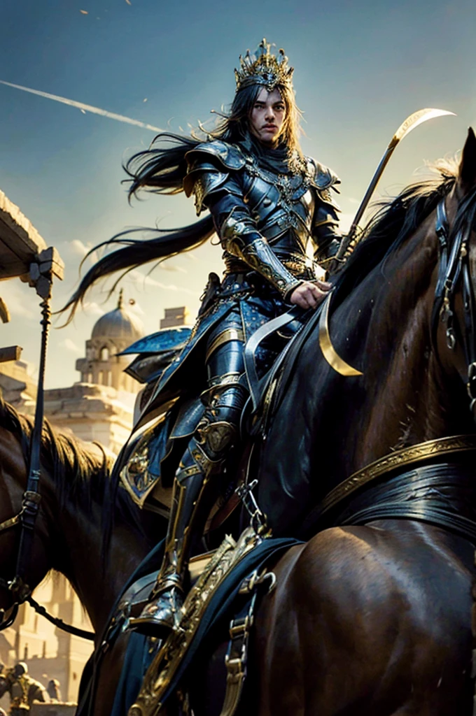 The adult man, The king of swords, king of warrior armor outfit, golden crown on his head, holding a king sword in his hand, Riding on a horse in battlefields, he charged into the enemy army, His eyes were filled with determination, optimistic, adventurous, cinematic lighting, dramatic skies, detailed facial features, detailed clothing, depth of field, photorealistic, highly detailed, 8k, masterpiece