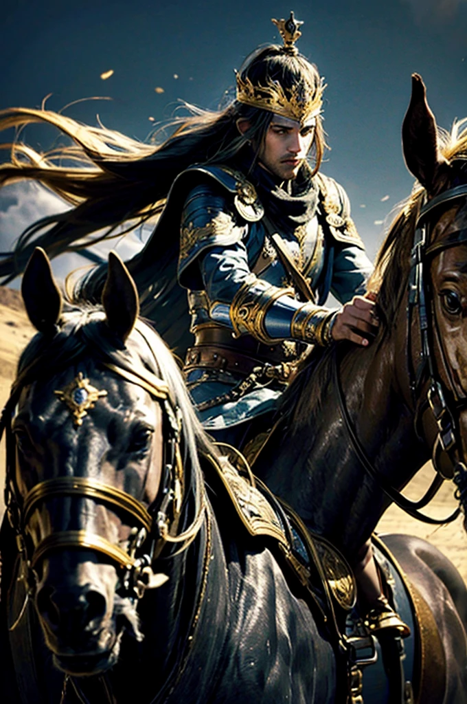 The adult man, The king of swords, king of warrior armor outfit, golden crown on his head, holding a king sword in his hand, Riding on a horse in battlefields, he charged into the enemy army, His eyes were filled with determination, optimistic, adventurous, cinematic lighting, dramatic skies, detailed facial features, detailed clothing, depth of field, photorealistic, highly detailed, 8k, masterpiece