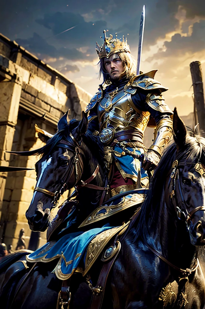 The adult man, The king of swords, king of warrior armor outfit, golden crown on his head, holding a king sword in his hand, Riding on a horse in battlefields, he charged into the enemy army, His eyes were filled with determination, optimistic, adventurous, cinematic lighting, dramatic skies, detailed facial features, detailed clothing, depth of field, photorealistic, highly detailed, 8k, masterpiece
