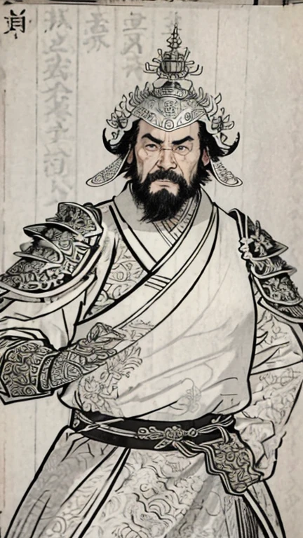 (((Man with a shouting face)))、（（（Monochrome））、（（Men in ancient China））、（Ink Painting）、Highest quality、masterpiece、Ultra-high resolution、(Realistic:1.4)、Game Poster、Three Bearded Kingdom Men,Oriental、As seen in the Three Kingdoms々military commander、Crisp and beautiful image quality ,(((metal armor, metal dragon head on the shoulder, Holding a sword, (Skin of color, ), (metal armor with intricate pattern:1.2)))、 gloves, Long trousers, (Very detailed, bloom:1.5), (Highest quality, Concept Art, 4K), (analog:1.2), (high sharpness), (Detailed pupil:1.1),, Detailed face and eyes, masterpiece, Highest quality, (Very detailed:1.1), 8k, photoRealistic, (PurerosFace_v1:0.2), [:(Detailed face:1.2):0.2], sharp, Realistic, Realistic Shadow, 