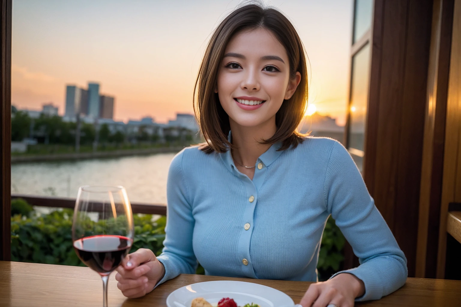 （Realistic:1.1）,(masterpiece,Highest quality)，8k,(40 years old), 42 years old, slimカップル、Model Couple、Actress/Actor、Tight waist,Upper Body,full-course dinner、wine 、Amazing view of the sunset sky and clouds、Perfect Anatomy, Brown Hair, Short Hair,Random Hairstyles,((Highly detailed face and eyes:1.2))(cute顔:1.4)，Beautiful actress face，Perfect golden ratio face，Long sleeve shirt、dress,(smile:1.2)、Shortcuts、cute、(Realistic, Intricate details:1.2), A bright smile、short hair,Bright Face、赤wine 、Appetizers、Italian food、wine bottle、Champagne、スパークリングwine、(slimな顔), (The body is slim), (Brown Hair), (Shortcuts),  Upper Body, 白wine, slim, wineグラス, 