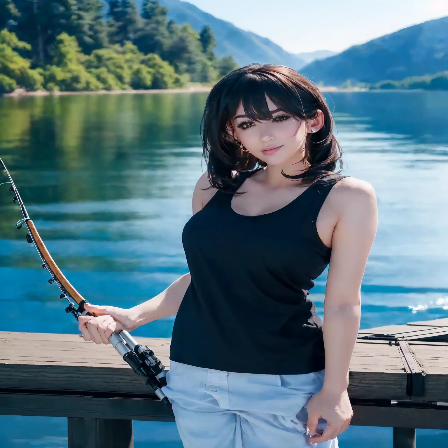 there is a woman that is standing on a dock with a fishing rod, girl in real life, attractive girl, beautiful girl, seductive girl, photorealistic , pretty girl, she is wearing a black tank top, realistic young girl, realistic , girl, beautiful woman. realistic