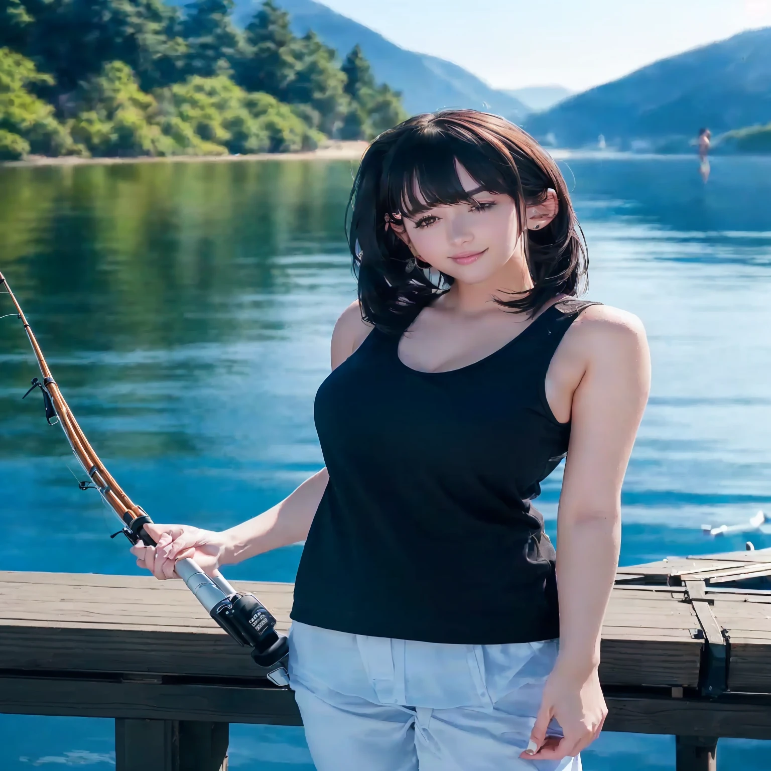 there is a woman that is standing on a dock with a fishing rod, girl in real life, attractive girl, beautiful girl, seductive girl, photorealistic , pretty girl, she is wearing a black tank top, realistic young girl, realistic , girl, beautiful woman. realistic