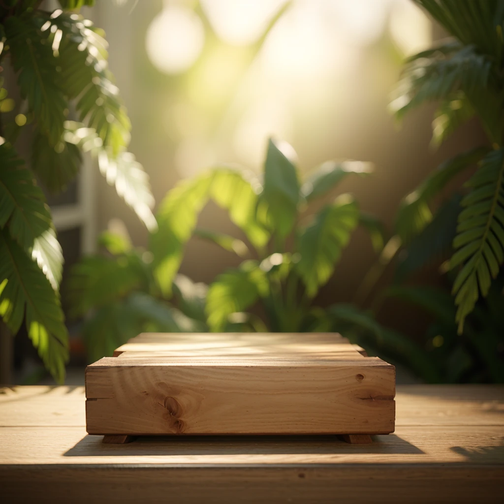 there is a wooden board on the table with a plant in the background, natural realistic render, on a wooden tray, rendering wearing a crown, semi-realistic render, afternoon sunlight, soft natural light, daytime lighting, Detailed natural light, Soft natural volumetric lighting, realistic daytime lighting, рендеринг в v-ray, rendering in Cinema 4D, rendering in Cinema4D