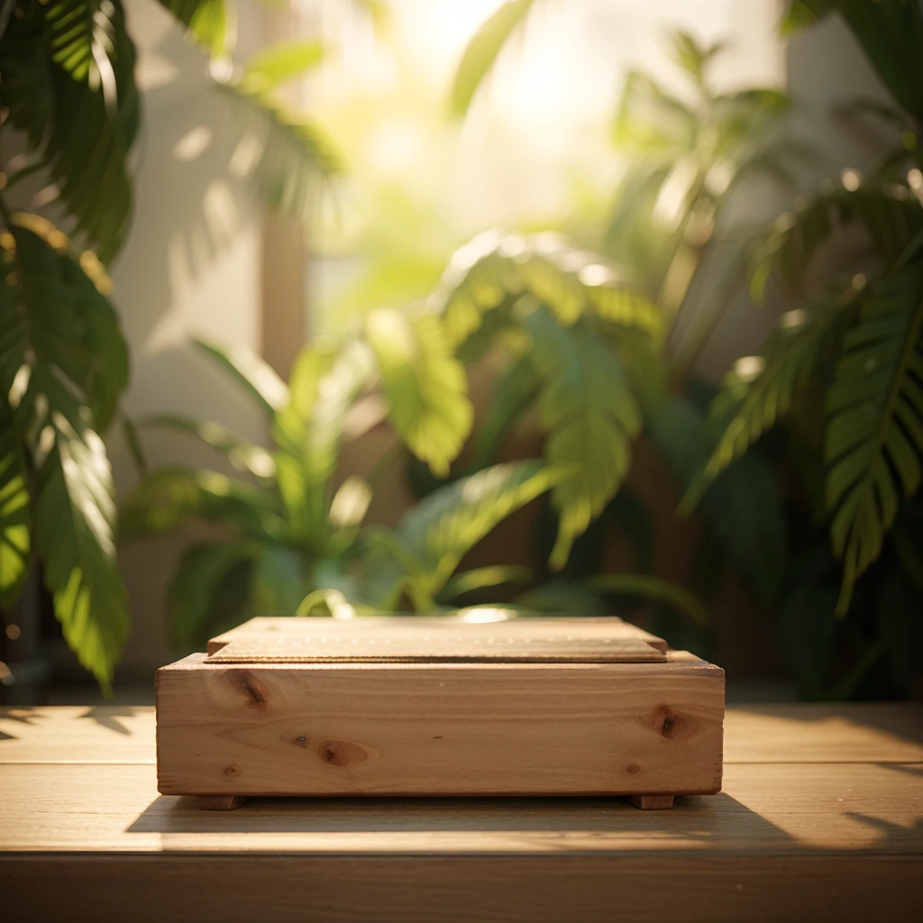 there is a wooden board on the table with a plant in the background, natural realistic render, on a wooden tray, rendering wearing a crown, semi-realistic render, afternoon sunlight, soft natural light, daytime lighting, Detailed natural light, Soft natural volumetric lighting, realistic daytime lighting, рендеринг в v-ray, rendering in Cinema 4D, rendering in Cinema4D