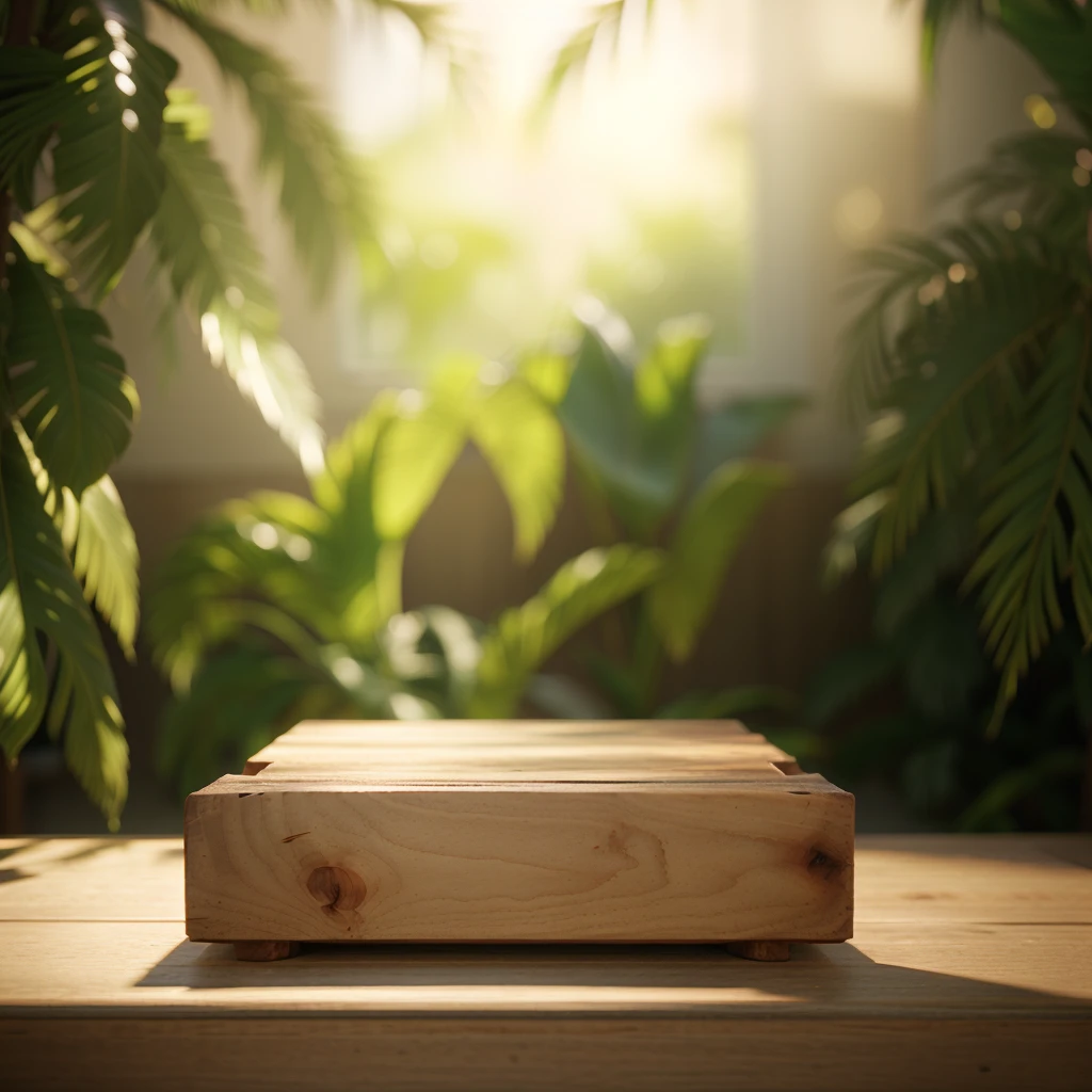 there is a wooden board on the table with a plant in the background, natural realistic render, on a wooden tray, rendering wearing a crown, semi-realistic render, afternoon sunlight, soft natural light, daytime lighting, Detailed natural light, Soft natural volumetric lighting, realistic daytime lighting, рендеринг в v-ray, rendering in Cinema 4D, rendering in Cinema4D