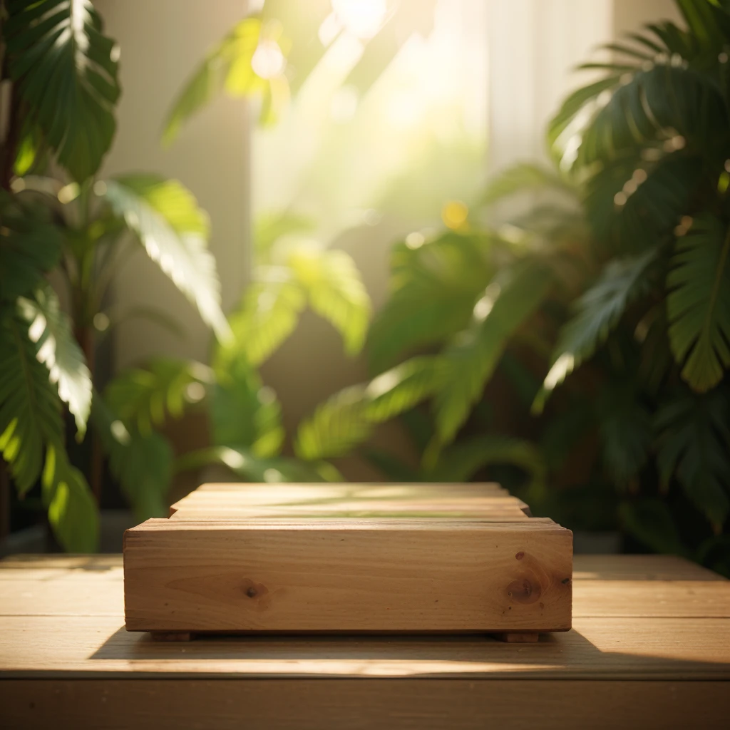 there is a wooden board on the table with a plant in the background, natural realistic render, on a wooden tray, rendering wearing a crown, semi-realistic render, afternoon sunlight, soft natural light, daytime lighting, Detailed natural light, Soft natural volumetric lighting, realistic daytime lighting, рендеринг в v-ray, rendering in Cinema 4D, rendering in Cinema4D