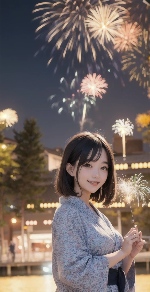 AIbeauty、Real beauty、Yukata Prompt、Fireworks display、狐耳beauty、Night view、Colorful fireworks are bursting in the background、Floral Yukata、Show off your whole body、Beautiful woman with a big smile