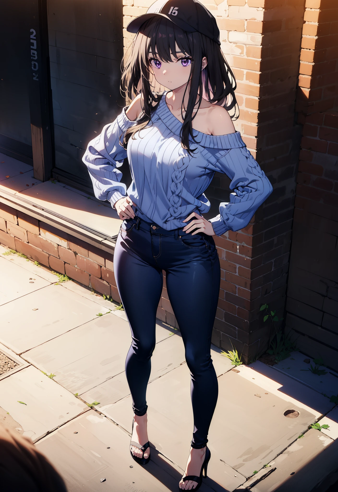 Takiuchikami, Long Hair, bangs, Black Hair, (Purple eyes:1.2),Baseball hats,Blue one-shoulder sweater,Skinny jeans,Stiletto heels,Place one hand on hip,Are standing,whole bodyがイラストに入るように,Daytime,
break outdoors, Building district,
break looking at viewer, whole body,
break (masterpiece:1.2), Highest quality, High resolution, unity 8k wallpaper, (figure:0.8), (Beautiful attention to detail:1.6), Highly detailed face, Perfect lighting, Highly detailed CG, (Perfect hands, Perfect Anatomy),