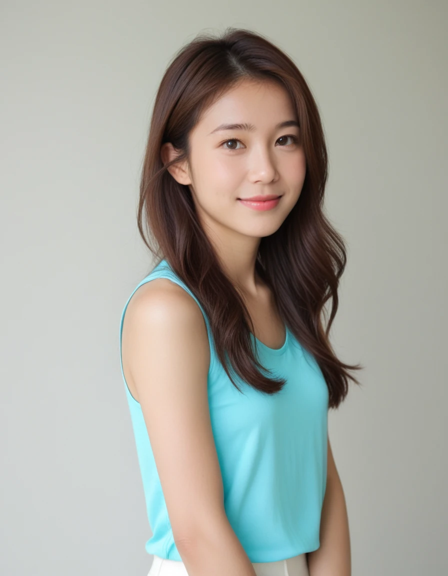 japanese woman,(cute),
(upper body:2)
(natural lighting:2, side lighting),(in very bright room) ,
(sleeveless cloth)
