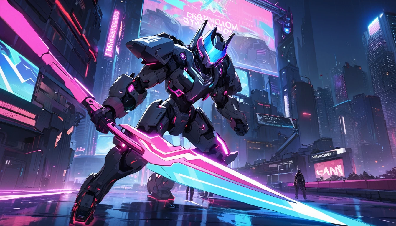 Mech suit ready for battle, Vancouver, high-quality artwork, metal armour, intense lighting, cityscape background, heroic pose, dramatic shadows, deep black suit with red neon lights, hockey helmet with blue visor, video game, blue electric fists, futuristic synth wave cyberpunk
