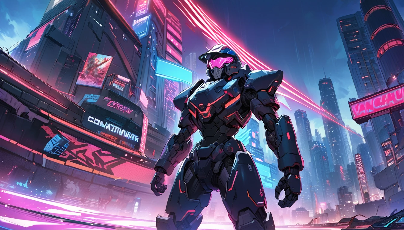 Mech suit ready for battle, Vancouver, high-quality artwork, metal armour, intense lighting, cityscape background, heroic pose, dramatic shadows, deep black suit with red neon lights, hockey helmet with blue visor, video game, blue electric fists, futuristic synth wave cyberpunk