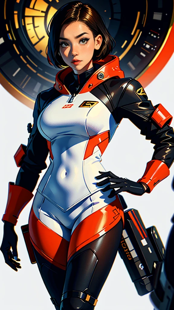 Short hair, White background, red hair, black and gold clothing, Futuristic, female portrait, (Highest resolution, distinct_image) Best quality, A masterpiece, Highly detailed, Half realistic, with short black hair, Black hair, bangs, 18 years old,mature, Young, Tall and strong, Black skinny fit, Black flight suit, Spacecraft background, Cold, Tall and handsome, authoritative, Powerful, Exquisite facial features, Exquisite facial features