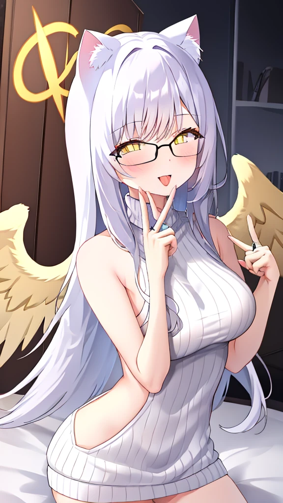 A 20-year-old female angel with long hair, white hair, yellow eyes, cat ears, breasts, and white angel wings. A glowing yellow halo ring overhead. Wear round glasses (White halter turtleneck sweater, white purekiller sweater, sleeveless, sexy backless sweater, white dress) white arm warmers Open mouth, stick out tongue, hold up two fingers, bedroom