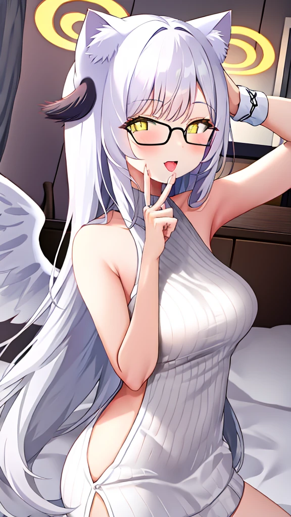 A 20-year-old female angel with long hair, white hair, yellow eyes, cat ears, breasts, and white angel wings. A glowing yellow halo ring overhead. Wear round glasses (White halter turtleneck sweater, white purekiller sweater, sleeveless, sexy backless sweater, white dress) white arm warmers Open mouth, stick out tongue, hold up two fingers, bedroom