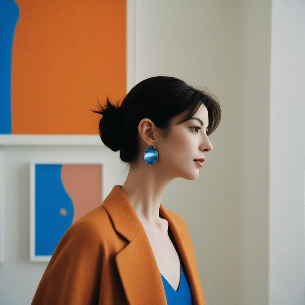 Closeup profile angle portrait photo of an eccentric beautiful face Japanese kawaii woman,still from the film, (Anne Hathaway look alike face: 0.9), posing in a modern art gallery, orange and blue colors, Leica SL3, Summicron-SL 75 f/2 ASPH, kodak gold 200 film, bare shoulder, dynamic action pose,