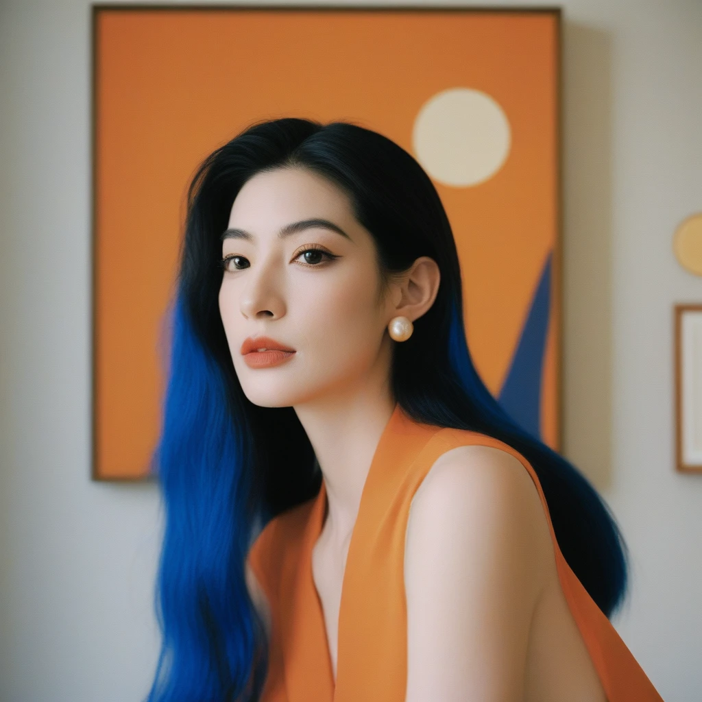 Closeup profile angle portrait photo of an eccentric beautiful face Japanese kawaii woman,still from the film, (Anne Hathaway look alike face: 0.9), posing in a modern art gallery, orange and blue colors, Leica SL3, Summicron-SL 75 f/2 ASPH, kodak gold 200 film, bare shoulder, dynamic action pose,