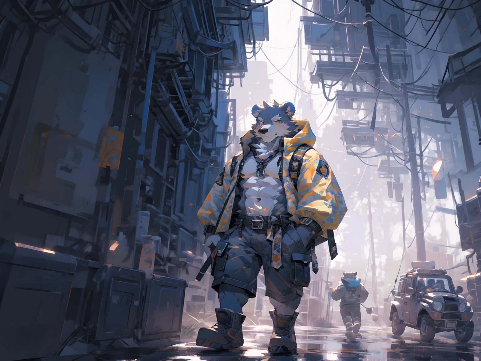 (masterpiece:1.2), best quality,pixiv,official art,perfect anatomy, (Ray tracing, light),solo, (1_male:1.3) , (muscle), (grey fur:1.4), (muscle bear),(abdominal muscles),(beard:1.2), (gleaming golden eyes), bear tail, full body, Thick black eyebrows, (open short hoodie), (naked inside),cargo shorts, black short boots, (windy), strong wind, strong breeze, white sundress, flying dandelion, zb spring, zhiyu, from above, floating in the air, leg up