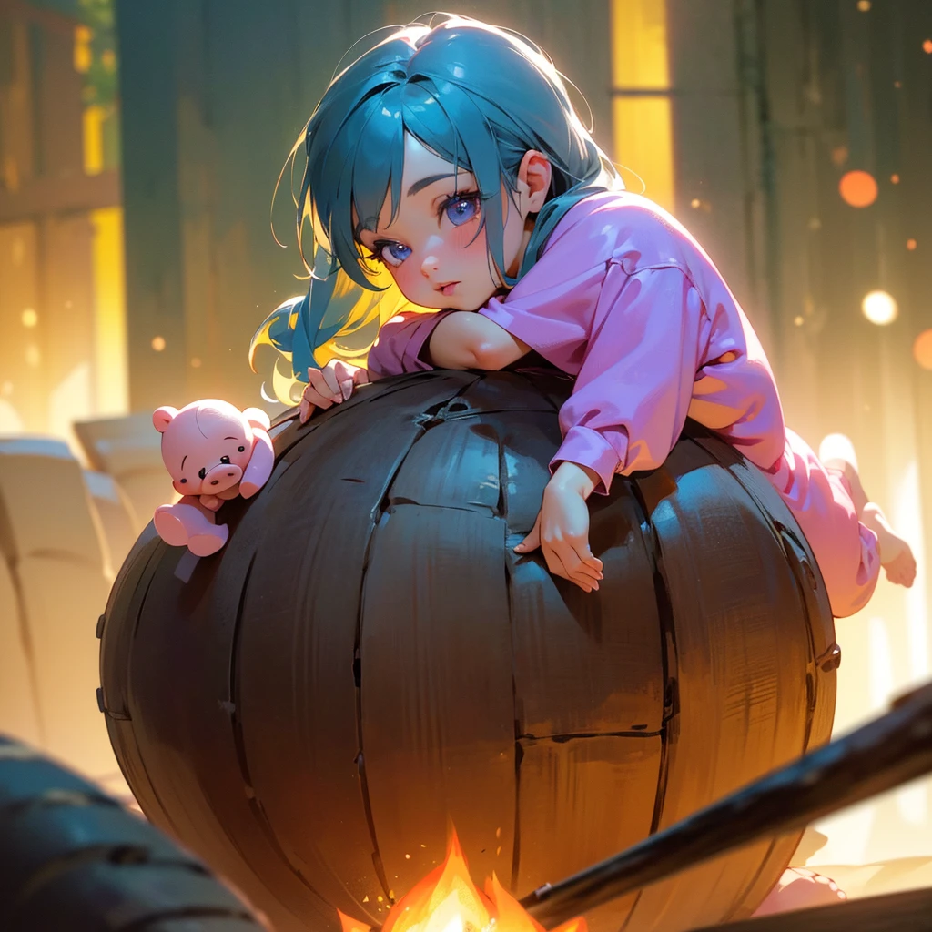 A cute pink piglet sitting next to a fire pit made of three wooden logs, roasting poop with a small wooden stick, beautiful detailed eyes, beautiful detailed lips, extremely detailed eyes and face, long eyelashes, adorable, whimsical, (best quality,4k,8k,highres,masterpiece:1.2),ultra-detailed,(realistic,photorealistic,photo-realistic:1.37),HDR,UHD,studio lighting,ultra-fine painting,sharp focus,physically-based rendering,extreme detail description,professional,vivid colors,bokeh,cute,kawaii,fantasy,colorful