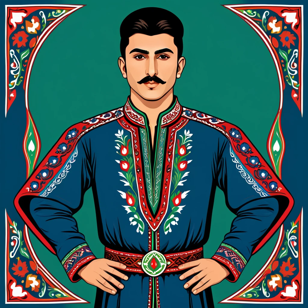 man in azerbaijan folk outfit, vector graphics, strong contours
