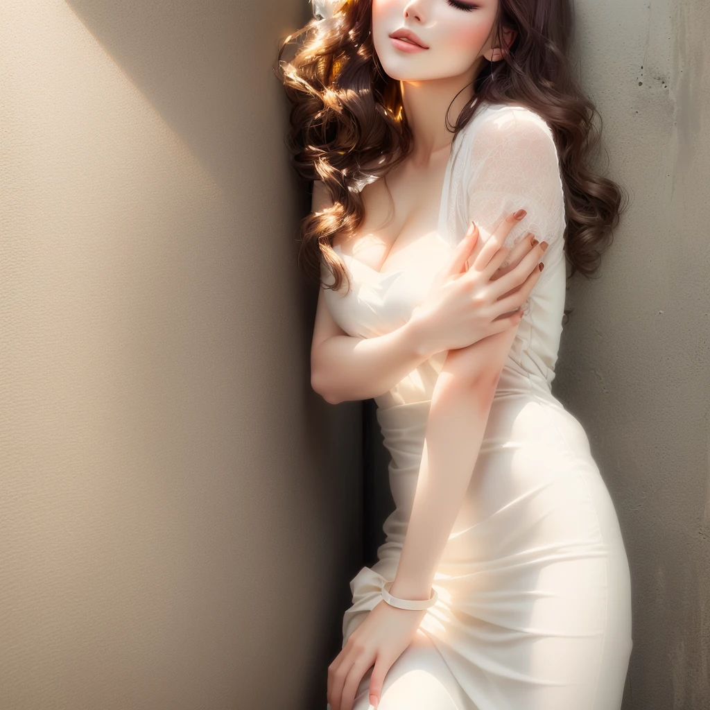 araffe woman in white dress leaning against wall with eyes closed, a beautiful woman in white, cute elegant pose, smooth translucent white skin, milky white skin, beautiful girl model, in white clothes, photo of slim girl model, elegant lady with alabaster skin, young beautiful woman, lovely woman, pale milky white porcelain skin, glamour pose, attractive pose
