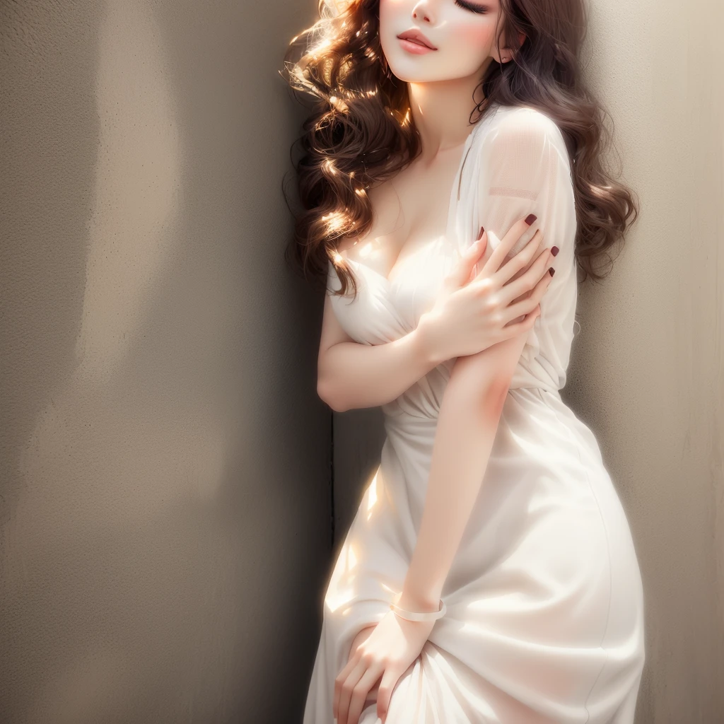 araffe woman in white dress leaning against wall with eyes closed, a beautiful woman in white, cute elegant pose, smooth translucent white skin, milky white skin, beautiful girl model, in white clothes, photo of slim girl model, elegant lady with alabaster skin, young beautiful woman, lovely woman, pale milky white porcelain skin, glamour pose, attractive pose