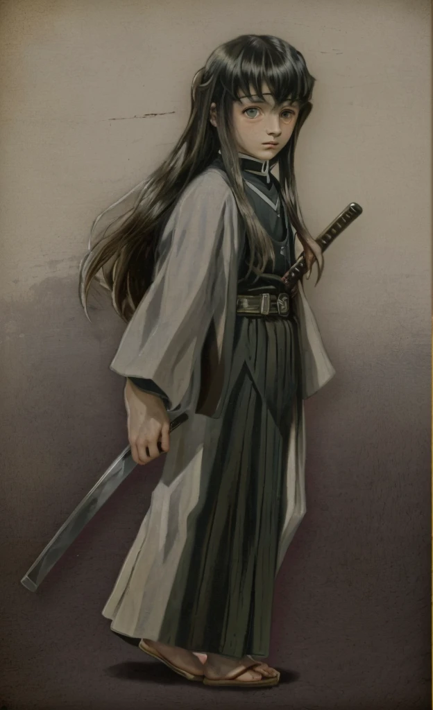 surrealistic, 8k, realistic photo, detail, 1912s, 14 year old youth, beautiful eyes, sword at waist, beautiful boy with long hair, swordsman, old portrait photo from 1912s, Demon Slayer, Muitiro Tokitou , samurai, 1912s Japanese background, cinematic,