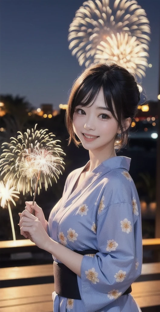 AIbeauty、Real beauty、Yukata Prompt、Fireworks display、狐耳beauty、Night view、Colorful fireworks are bursting in the background、Goldfish pattern yukata、Show off your whole body、Beautiful woman with a big smile