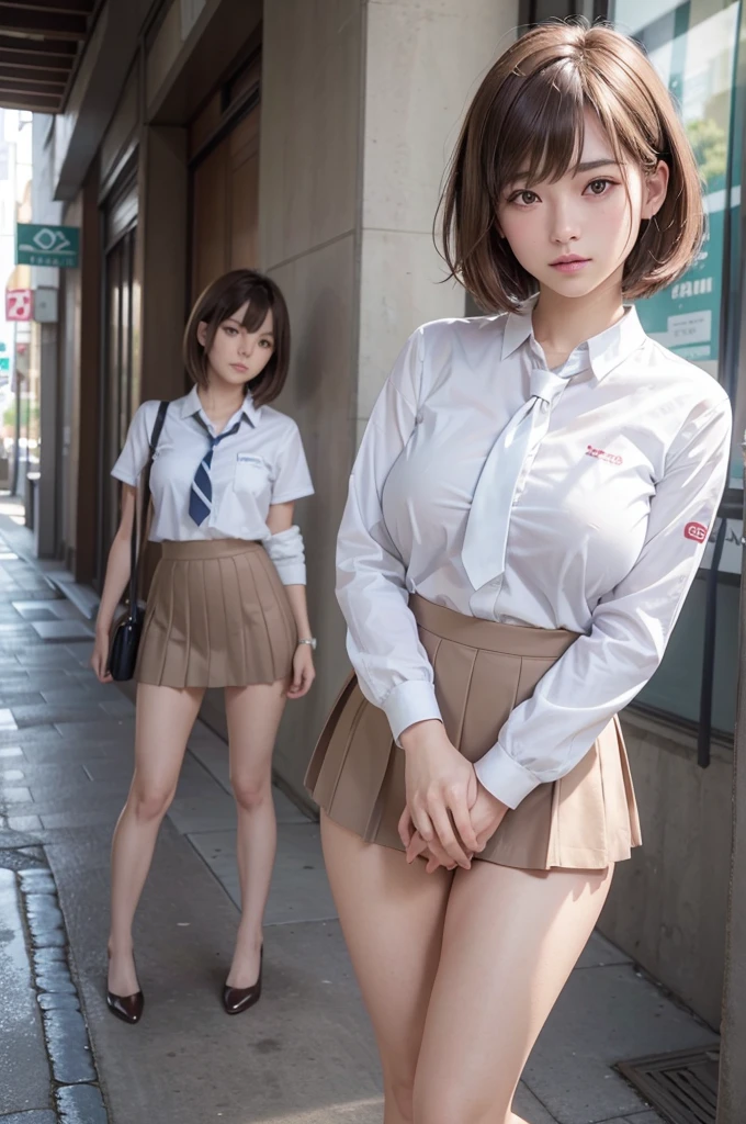 ultra-detailliert、​masterpiece、top-quality、超A high resolution、high-level image quality、Photogenic clarity、perfect anatomy body proportions,Blouse unbuttoned、Colossal tits、a japanese high school girl, cute little、Shortcut Hair,Embarrassed look、Beautiful posture、, Skirtlift, pussy, school uniform, physical examination at hospital