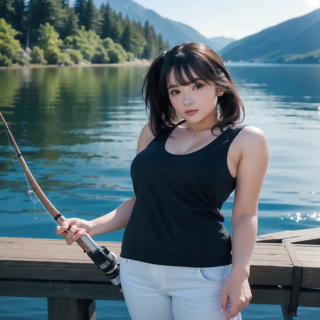 (a)Hitomi Tanaka(age25),(a)bikini,fishing,spearfishing,pond,(an)evening pond,field,wildflowers,(best quality,4k,8k,highres,masterpiece:1.2),ultra-detailed,(realistic,photorealistic,photo-realistic:1.37),HDR,UHD,studio lighting,physically-based rendering,extreme detail description,vivid colors,bokeh,portrait,landscape,natural lighting