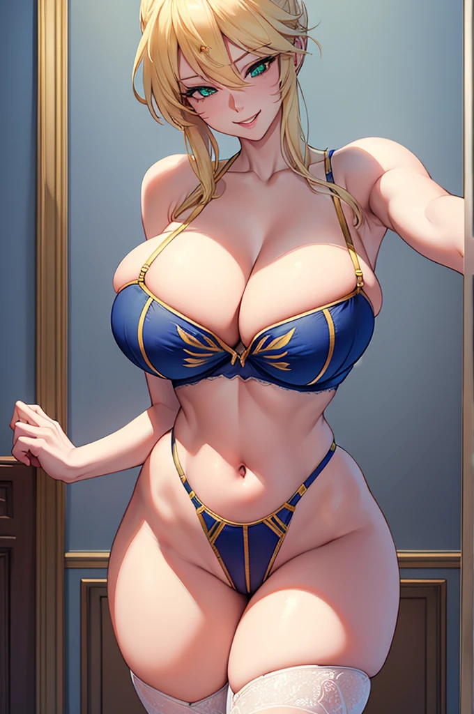 Erotic, Tall busty blonde mature housewife, excitement, condescending smile, sexy pose, one-woman, lust pose, blue and yellow bra and long leg thong, sexy lingerie, large breast, light smile, view at viewer, butt pose, hands behind head, thighhigh , High quality, detailed eyes, beautiful body