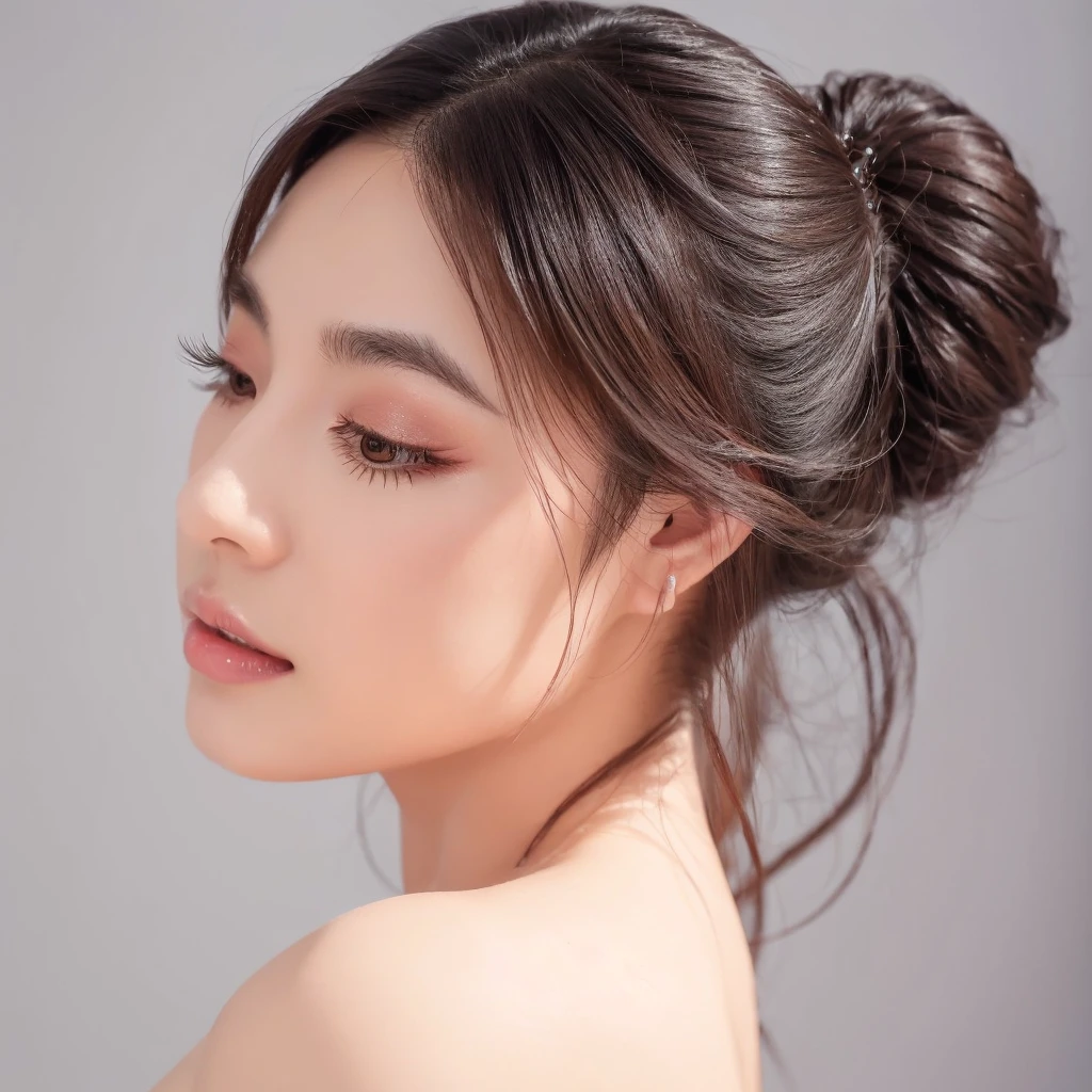 single Japanese woman, solo portrait, eyelash salon model, studio portrait, white background, left profile view (90 degrees), impressive eyebrows and eyelashes, high-quality, photorealistic, one face only