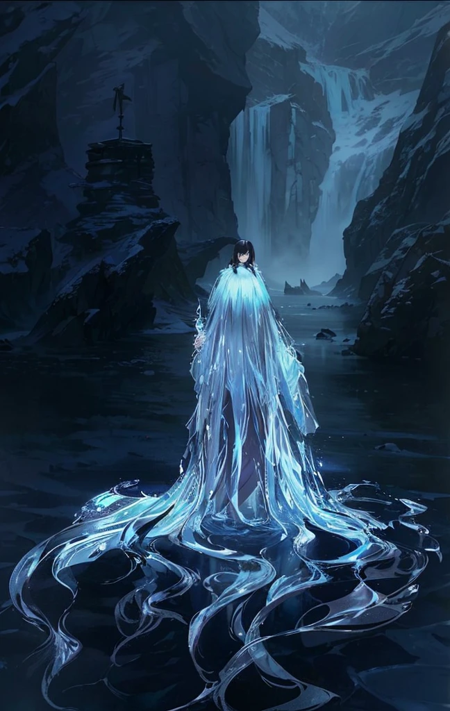 1 girl, with freckles on his face, black hair, Brown eyes, she is wearing a big ice dress, the girl is in the background of the landscape, It is in a forest with mountains, there is snowy weather while it is dawning, the sky has a purple hue