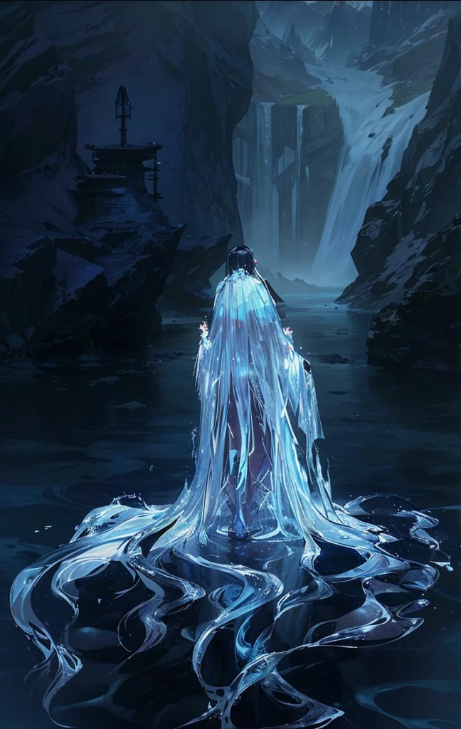  1 girl, with freckles on his face, black hair, Brown eyes, she is wearing a big ice dress, the girl is in the background of the landscape, It is in a forest with mountains, there is snowy weather while it is dawning, the sky has a purple hue 