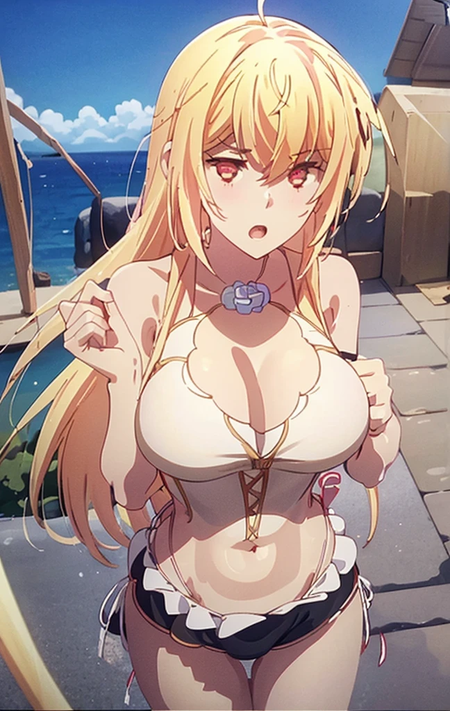 Masterpiece, best quality, highly detailed, highres, 8K, natural lighting, 1 girl, blonde hair, ahoge, ruby eyes, huge breast, black tank top, mini short pants, she wet, sexy pose, outdoor , detailed eyes, perfect eyes colors, full body shoot, detailed eyes, detailed finger shape, the number of fingers is not excessive