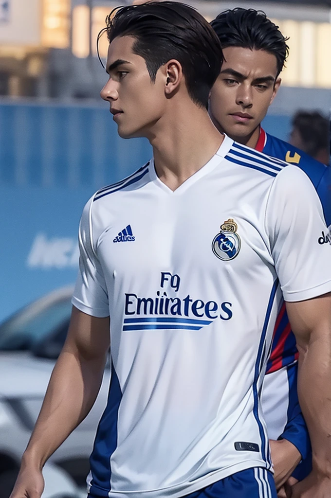 {{{FC Barcelona}}}, light, {{nike soccer jerseys}}, {{{best quality}}}, {{{realistic}}}, Detailed facial description, realistic 눈동자, {{2 handsome men}}, realistic 유니폼 주름, well proportioned, {{{Real Madrid}}}, {{{adidas soccer jersey}}}, {{{back to back}}}, {{{soccer stadium}}}, football