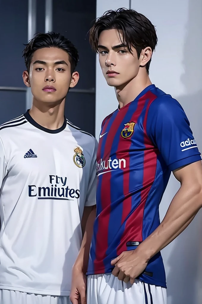 {{{FC Barcelona}}}, light, {{nike soccer jerseys}}, {{{best quality}}}, {{{realistic}}}, Detailed facial description, realistic 눈동자, {{2 handsome men}}, realistic 유니폼 주름, well proportioned, {{{Real Madrid}}}, {{{adidas soccer jersey}}}, {{{glaring at each other}}}, {{{soccer stadium}}}, football