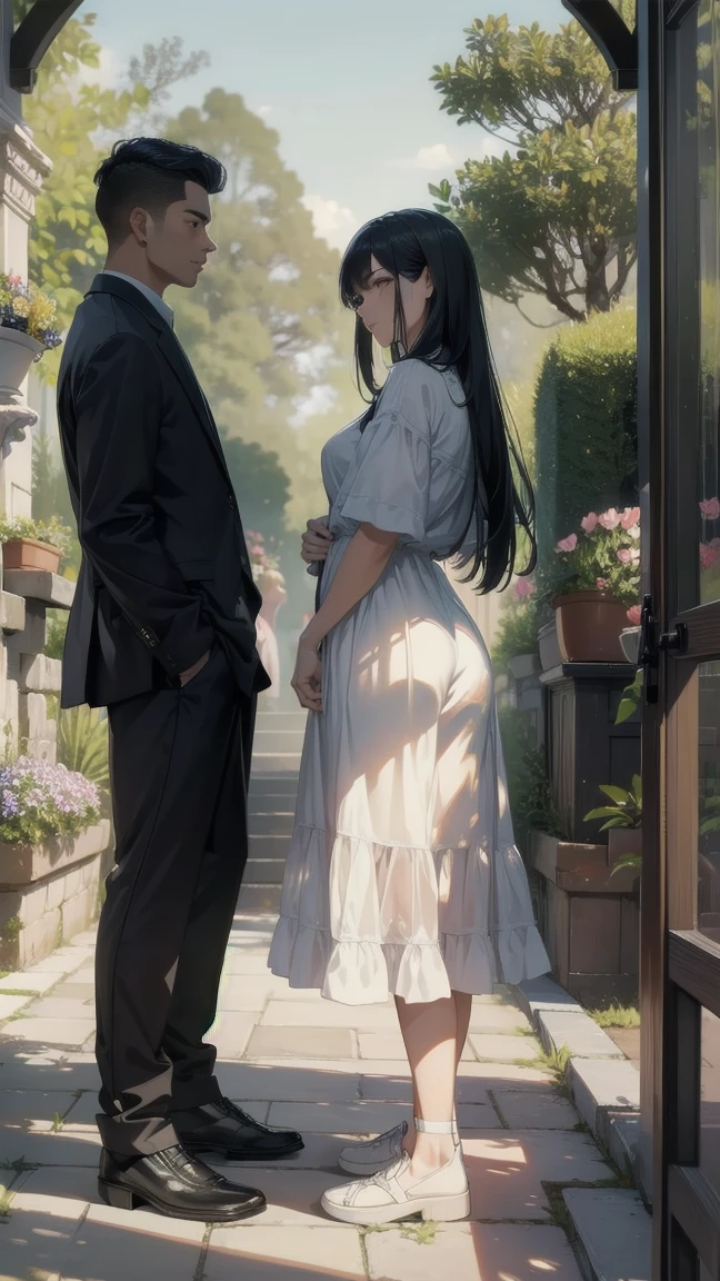 (Highest quality, 8k, masterpiece:1.3)), Attention to detail, High resolution, masterpiece, Great quality, 2 people, men and women standing, Full Height, girl and man walking in a Beautiful garden, Attention to detail of faces, Drawing eyes, Drawing Shadows, Draw lips,men and women , Romantic atmosphere, Mysterious garden with blooming flowers, beautiful flower, Beautiful garden , Casual Style, Girl in casual clothes, Man in casual clothes