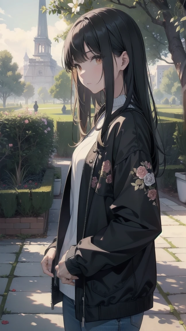 (Highest quality, 8k, masterpiece:1.3)), Attention to detail, High resolution, masterpiece, Great quality, 2 people, men and women standing, Full Height, girl and man walking in a Beautiful garden, Attention to detail of faces, Drawing eyes, Drawing Shadows, Draw lips,men and women , Romantic atmosphere, Mysterious garden with blooming flowers, beautiful flower, Beautiful garden , Casual Style, Girl in casual clothes, Man in casual clothes