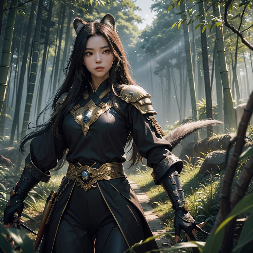 Moonlit Serenade
The Bamboo Forest Duel
Tiger-Samurai Guardian:
His human form, battle-hardened and resolute, strides through the moon-dappled bamboo grove. His midnight-blue samurai armor clings to his sinewy frame, each plate etched with symbols of courage and honor. The katana at his side bears the weight of countless foes vanquished in the name of protection.
His eyes, sharp as the blade he wields, scan the shadows. The tiger’s tail, an extension of his own being, sways with purpose. Stripes blend seamlessly into his skin, a testament to their shared destiny. He fights not only for himself but for the fragile girl who cowers behind him.
The Brave Fox-Girl:
She stands with grace, her fox ears alert to every rustle of leaves. Her eyes, amber pools of determination, lock onto the guardian. Her noble dress, a delicate fusion of pink and gold, whispers of lineage and privilege. Yet her bravery transcends station; it’s a fire burning within her chest.
The girl’s heart beats in rhythm with the forest. She knows her fate intertwines with the guardian’s. Her trust in him is unwavering, even as the black tiger’s growls echo through the night. She is no damsel; she is a force to be reckoned with.
The Black Tiger:
Across the clearing, the black tiger emerges—a creature of primal hunger. Its massive form, sleek and powerful, casts shadows on the dew-kissed ground. Golden eyes gleam with menace, reflecting the moon’s silver glow.
This predator knows no honor, no loyalty. Survival is its sole purpose. It crouches, muscles coiled, ready to pounce. The guardian’s blade hums with purpose, and the girl’s bravery fuels his resolve. The bamboo forest holds its breath, awaiting the clash of fangs and steel.
Note: In this UHD masterpiece, every detail—from the texture of fur to the moon’s reflection on armor—is meticulously rendered. The stage is set, and destiny awaits.