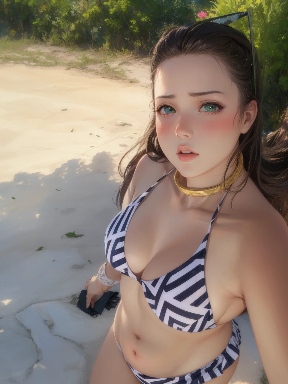 realisitic, 1girl, light hair , greeneyes, glare eyes, top cropped, overskirt, half-open lips, blush, luz seios medio, bunda grande. Biquíni fininho, hentai sexy.