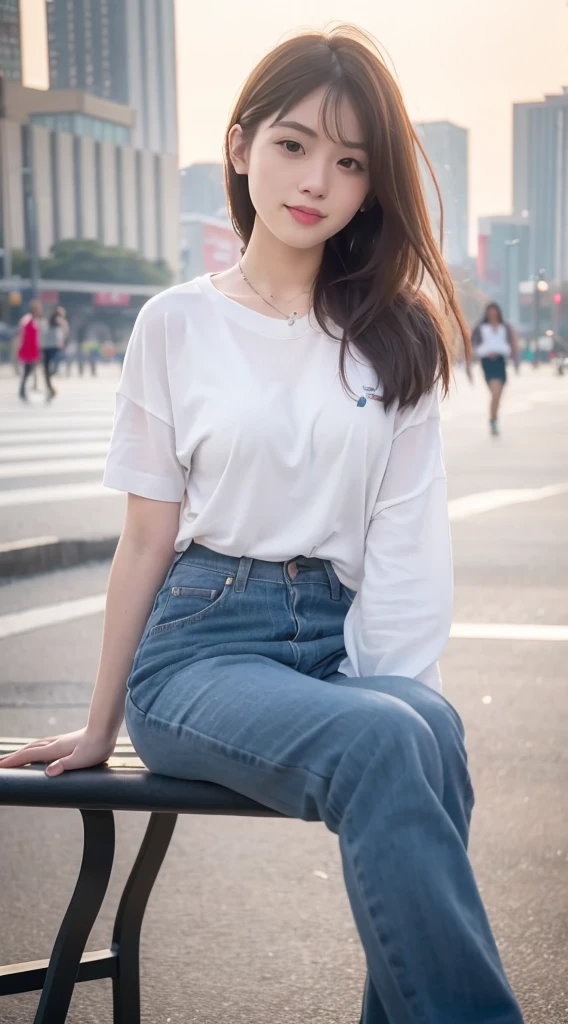 mix4, 20 days, Solo, Long_Hair, Nanase Nishino, Haruka Kaki, park, bench, Seated, (8K, RAW photography, Best quality, Masterpiece:1.2), (Realistic, Photorealistic: 1.37), Professional lighting, photon maping, Radio City, physically-based renderingt