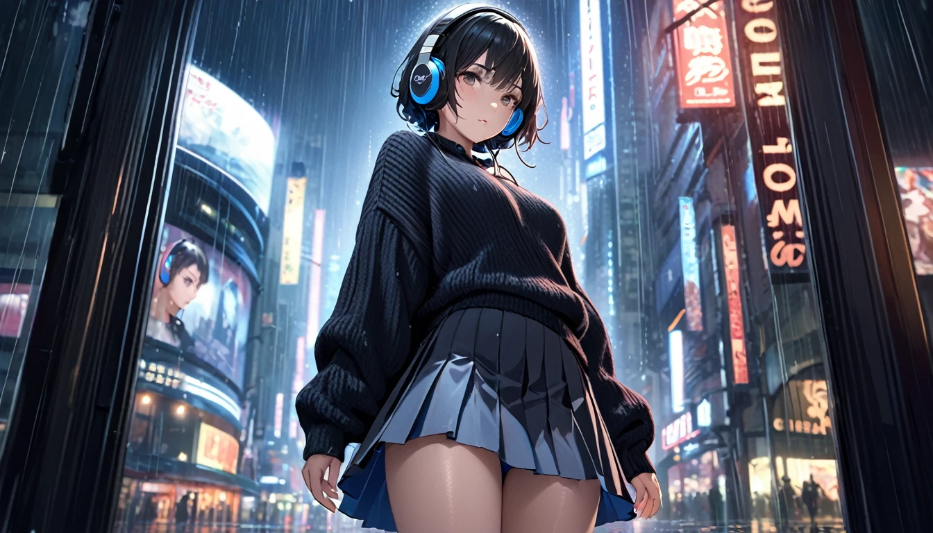 8k，masterpiece，Highest quality），Hyper Detail，Realistically，Highly detailed face、pupil，City lights，Ray Tracing， heavy rain，Short black hair、((Large knit、skirt))Slim and beautiful thighs、Rain-soaked clothes，Written boundary depth ，cinema lens lighting、Night view((Headphones))