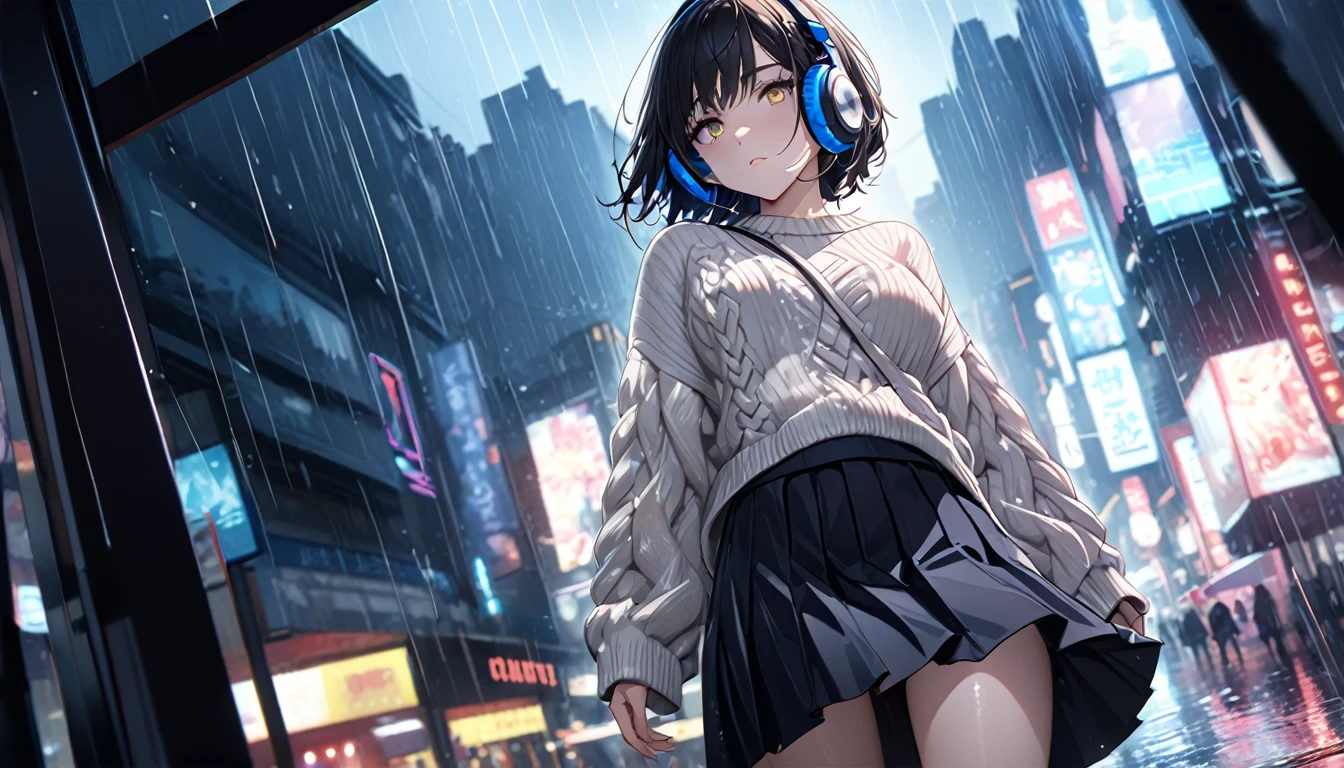 8k,masterpiece,Highest quality),Hyper Detail,Realistically,Highly detailed face、pupil,City lights,Ray Tracing, heavy rain,Short black hair、((Large knit、skirt))Slim and beautiful thighs、Rain-soaked clothes,Written boundary depth ,cinema lens lighting、Night view((Headphones))